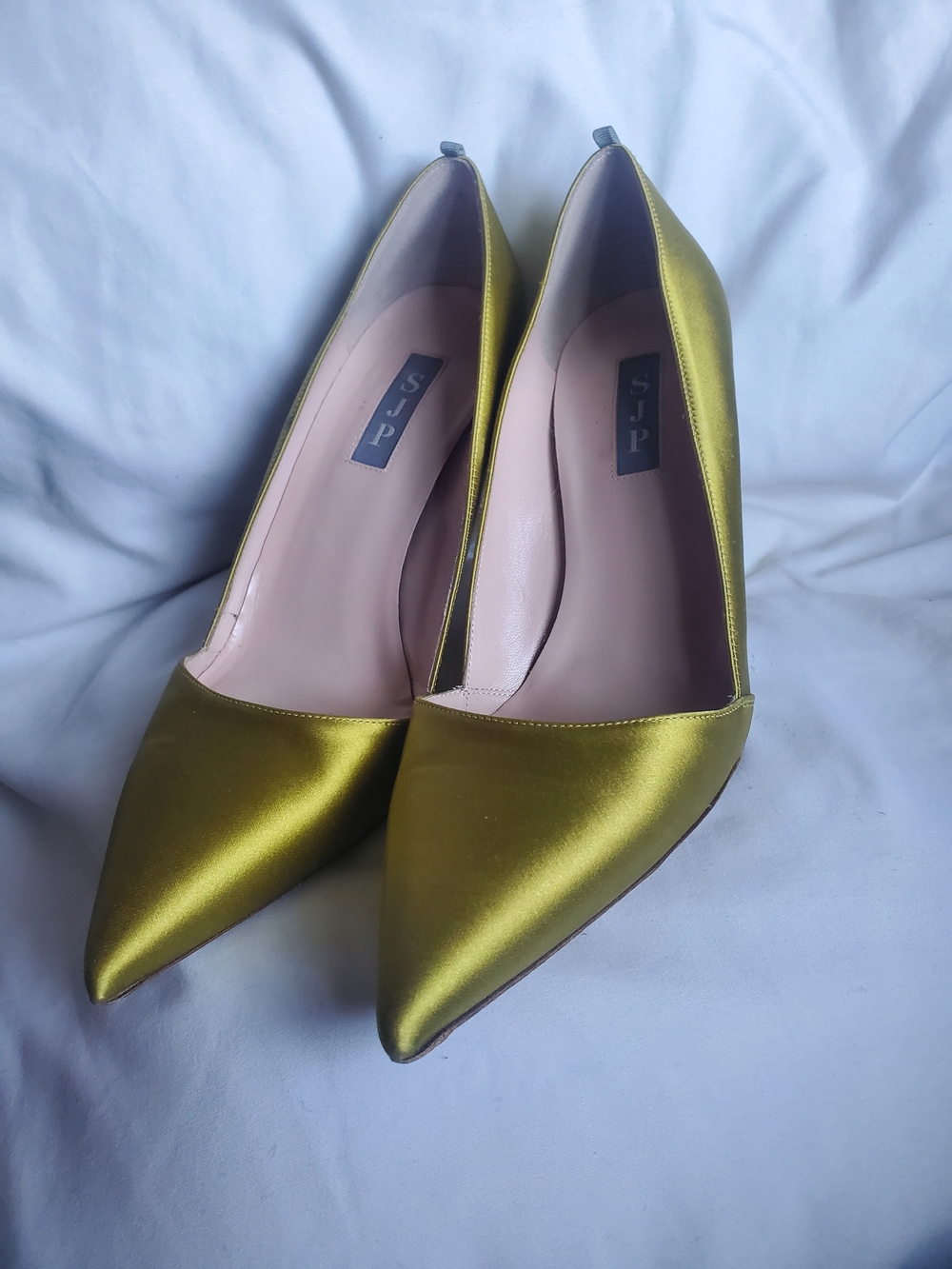 Handmade SJP Satin Pointed-Toe Pumps in Chartreuse